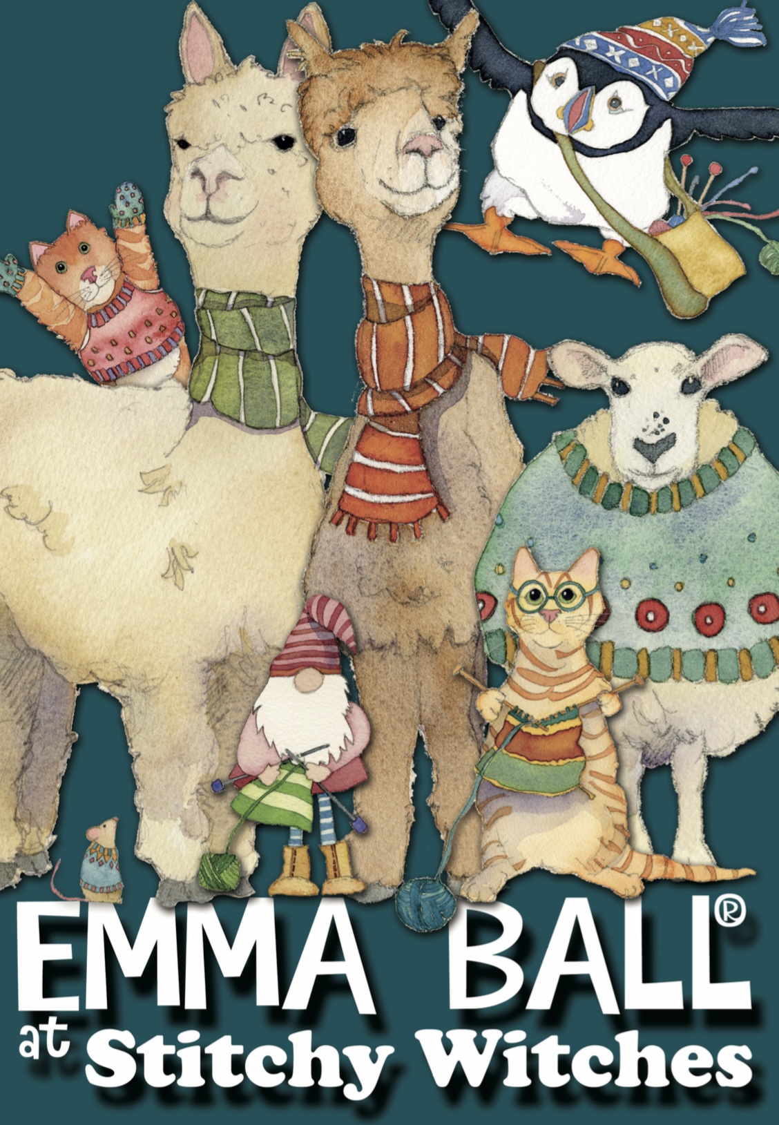 Emma Ball collection at Stitchy Witches — whimsical illustrated animals knitting and crocheting